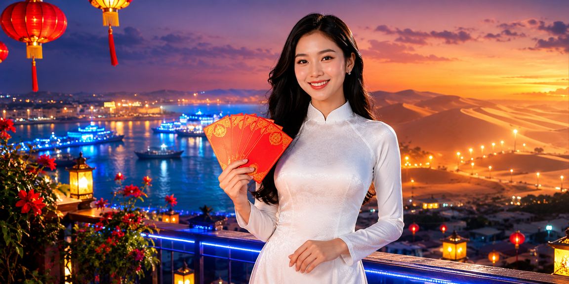Phụ nữ Mũi Né trong trang phục áo dài nhận thưởng bao lì xì qua ứng dụng lx100 trên điện thoại
